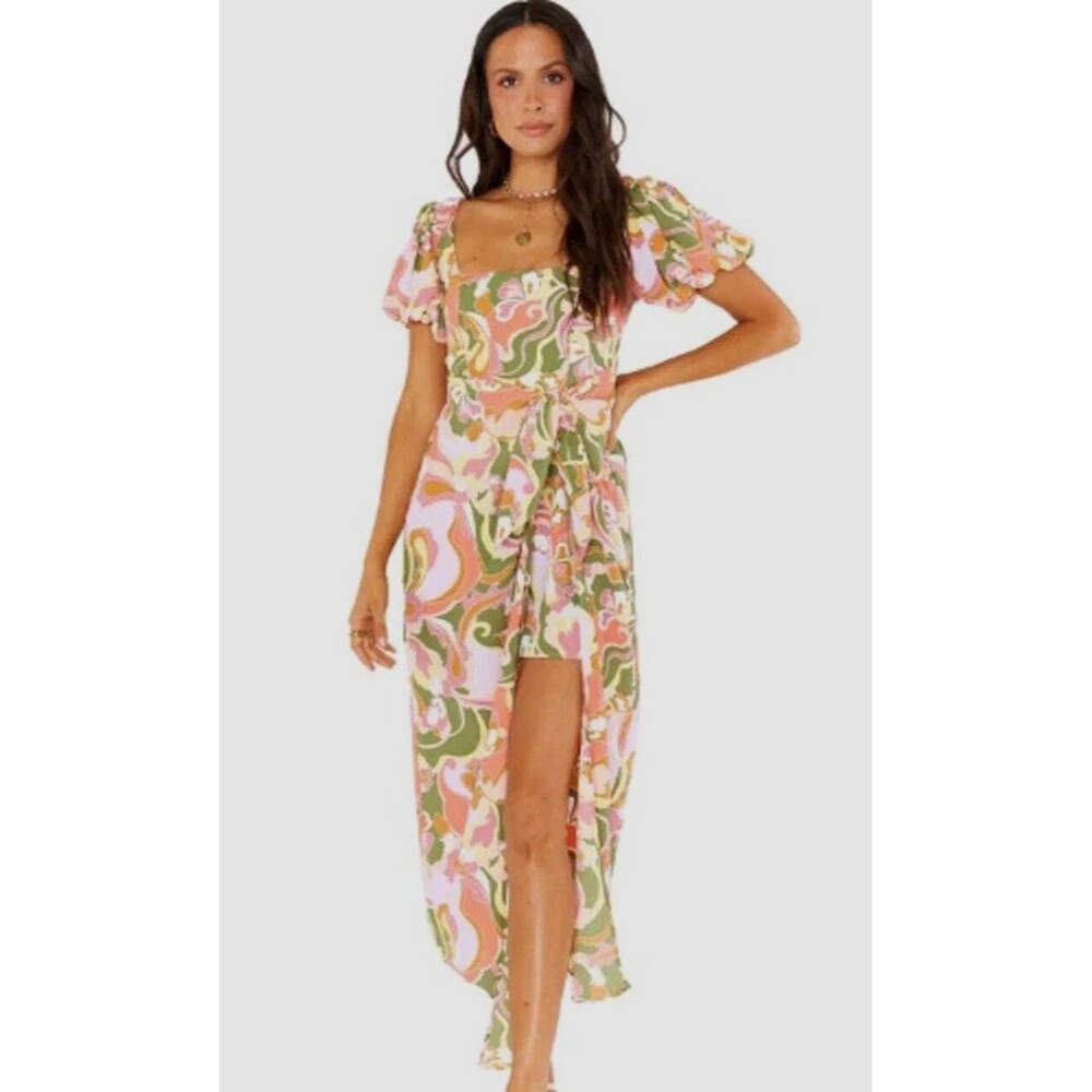 Show Me Your Mumu Danielle Tie Waist Puff Sleeve Retro Blooms Hi Low Dress  Sz M
